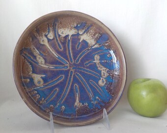 Ceramic Pasta Plate  Handmade Stoneware  Wheel Thrown Pottery  Shallow Bowl  Carved Design Seashell  Blue / Tan Drips  Ready to Ship  b459