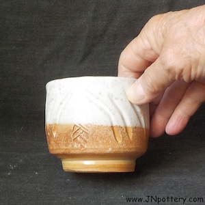 Ceramic Tea Bowl  Carved Cup  Wood Fired Whiskey or Wine Cup  Handmade Stoneware  Golden Tan / Creamy White Ash Speckle Ready to Ship  m406