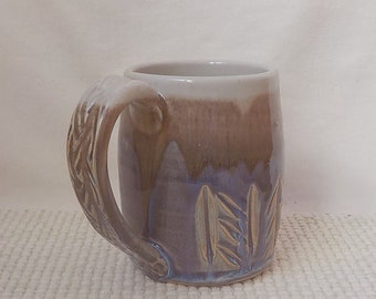 Stoneware Coffee Mug  Ceramic Cup  12 Ounce Capacity  Carved Design  Blue Brown / Gray  Ready to Ship  Handmade Pottery Mom Gift   m401