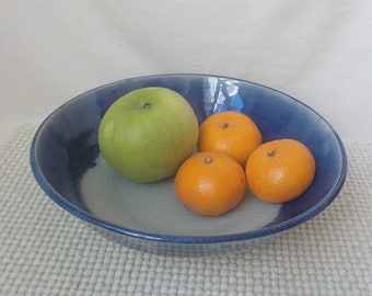 Stoneware Serving Bowl Ceramic Salad Dish Fruit Bowl  Holiday Table Gift Item Ready to Ship Pale Gray Celadon with Deep Blue Rim  b518