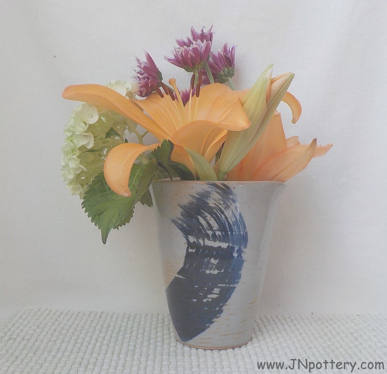 Small Ceramic Vase Flare Shape Oval Rim Stoneware Spoon Jar Gift Item Gray Tan Celadon with Blue Swoosh Design Ready to Ship v724 image 1