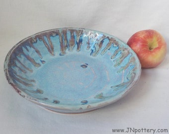 Ceramic Shallow Bowl  Handmade Dish  Fruit Plate  Textured Slip Pattern Serving Plate Gift Piece  Seashell Blue Green Yellow Rim Drips  b482