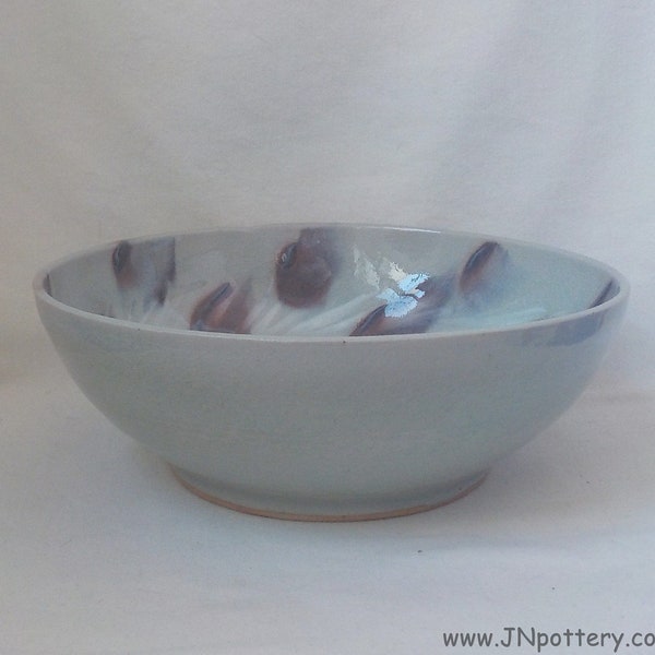 Stoneware Serving Bowl  Ceramic Centerpiece Bowl  Large Fruit Server  Ready to Ship  Blue Celadon with Purple Slip Design Wedding Gift  b492