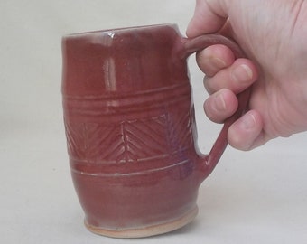 Ceramic Mug  Stoneware Coffee Mug Handmade Pottery  Barrel Shape  Gift Item 12 Ounce Capacity Cranberry Red with Gray Ready to Ship  m368