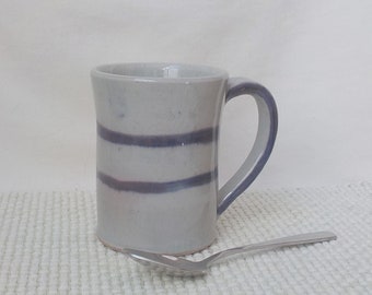 Small Coffee Mug  Handmade Ceramic Cup  Wheel Thrown Stoneware 8 ounce Size Kitchen Dining  Ready to Ship  Gray with Blue Stripe Detail m394