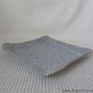 Ceramic Slab Tray Square Plate Raised Rim Flower Texture Pattern Stoneware Lunch Dish Salad Plate Rutile Blue Ready to Ship v734 image 5