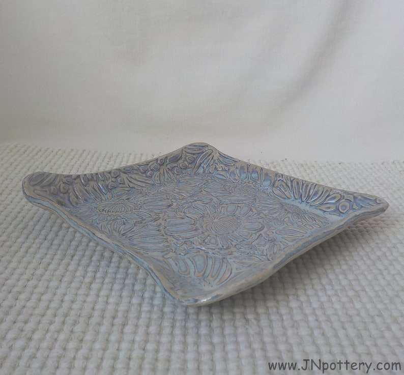 Ceramic Slab Tray Square Plate Raised Rim Flower Texture Pattern Stoneware Lunch Dish Salad Plate Rutile Blue Ready to Ship v734 image 5