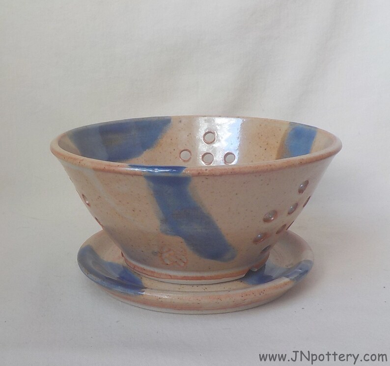Ceramic Berry Bowl Pottery Colander Stoneware Kitchen Strainer Bowl Matching Drip Saucer Tan Shino Cobalt Streaks Ready to Ship s770