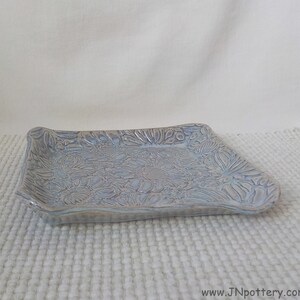 Ceramic Slab Tray Square Plate Raised Rim Flower Texture Pattern Stoneware Lunch Dish Salad Plate Rutile Blue Ready to Ship v734 image 4