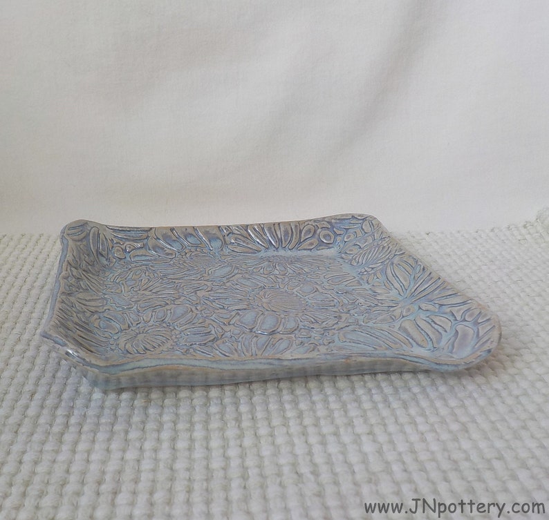 Ceramic Slab Tray Square Plate Raised Rim Flower Texture Pattern Stoneware Lunch Dish Salad Plate Rutile Blue Ready to Ship v734 image 4