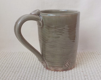 Ceramic Coffee Mug  Handmade Stoneware Cup Thumb Rest  Oribe Glaze Olive Green 9 Ounce Size Tea Mug Cocoa Cup  Gift Item Ready to Ship  m402