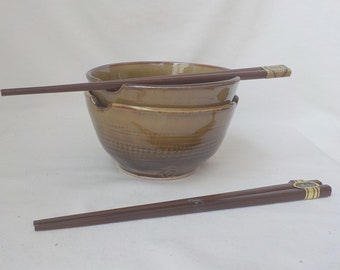 Pair of Ceramic Noodle Bowls Ramen Bowls Stoneware Chopstick Dishes  Handmade Pottery Soup Server Ready to Ship Amber Brown and Gold b509