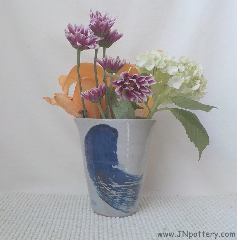 Small Ceramic Vase Flare Shape Oval Rim Stoneware Spoon Jar Gift Item Gray Tan Celadon with Blue Swoosh Design Ready to Ship v724 image 2