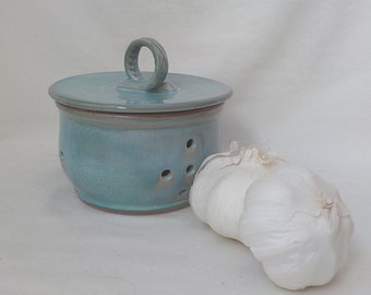 Ceramic Garlic Jar  Kitchen Canister  Wheel Thrown Pottery  Pierced Lidded Crock  Shallot Keeper  Ready to Ship  Aqua Blue Green s782