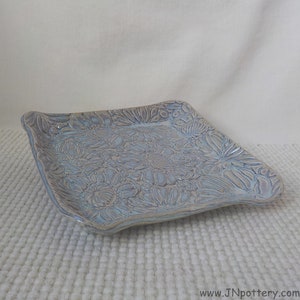 Ceramic Slab Tray Square Plate Raised Rim Flower Texture Pattern Stoneware Lunch Dish Salad Plate Rutile Blue Ready to Ship v734 image 3