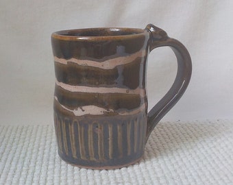 Ceramic Mug  Stoneware Coffee Cup  Mom Dad New Grad Gift  Ready to Ship  Handmade Pottery Thumb Rest  Tenmoku Brown Tan Shino Stripe m395