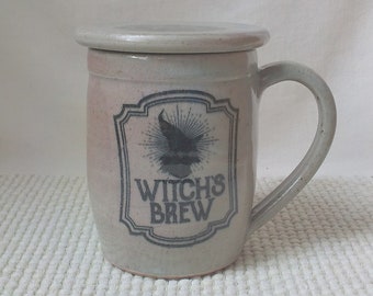 Ceramic Coffee Mug  Stoneware Cup / Topper  Halloween Label Motif  12 Ounce Size  Handmade Pottery  Gray Celadon Ready to Ship m397