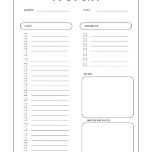 Puede incluir: Una lista de tareas imprimible en blanco y negro con secciones para el mes, la fecha, tareas, prioridades, notas y fechas importantes.