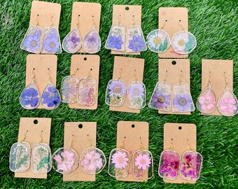 Large Dangling Resin Earrings with Dried Flowers