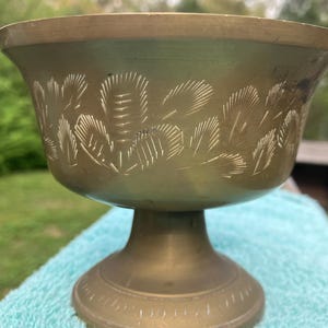 India Etched Leaf Brass Pedestal Bowl, India Brass, Collectible Brass Bowl