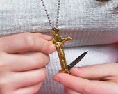 Crucifix Pocket knife necklace. Cross pendant. BULK OPTIONS brass charm jewelry parts supplies
