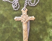 Crucifix Pocket knife necklace. Cross pendant. BULK OPTIONS brass charm jewelry parts supplies