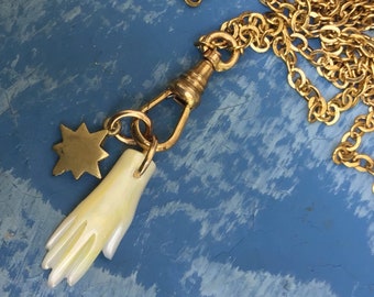 Charm Necklace Star Carved Mother Of Pearl Hand Mano Chatelaine Gold Tones