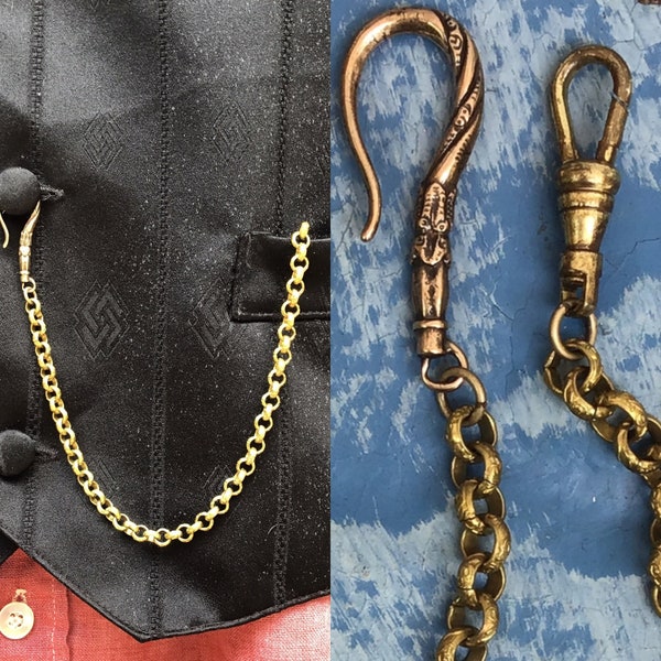 Pocket Watch Chain with Repro Victorian Fancy Shepard's Hook. Choose Silver or Bronze tone