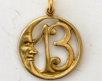 Gold Crescent Moon Lucky 13 Charm Mystic Celestial Man In The Moon Brass Victorian Retro Boho Sweet Feminine Delicate Pendant