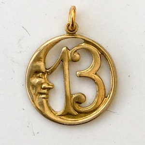 Gold Crescent Moon Lucky 13 Charm Mystic Celestial Man In The Moon Brass Victorian Retro Boho Sweet Feminine Delicate Pendant