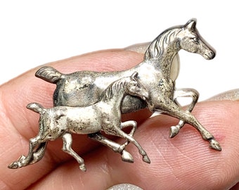 1950s Prancing Horses Brooch, Sterling Silver Pin, Beau #LA