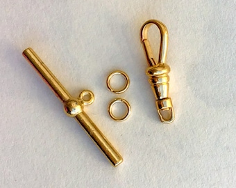 One Set of Pocket Watch Chain End Clasps. Gold tone Swivel Clip/ Toggle Bar w Jump RIngs