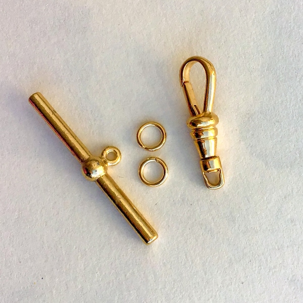 One Set of Pocket Watch Chain End Clasps. Gold tone Swivel Clip/ Toggle Bar w Jump RIngs