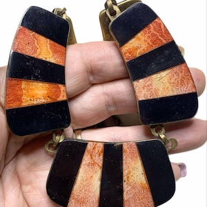 Vintage Red + Black Enamel Brass Panel Necklace ,LA