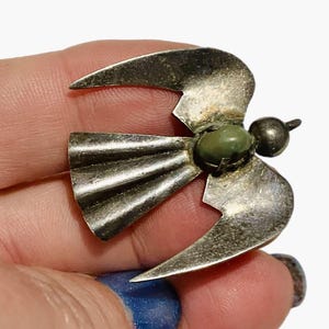 Mid Century Sterling  Bird Brooch, with Green Stone, Mexico, tx