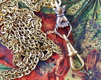 Charm Holder Necklace. Repro Victorian Hand Pocket Watch Chain Lanyard Gold-Bronze  Mano Figa Lucky Chatelaine