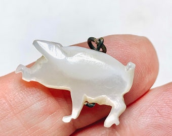 Antique Carved Pig Fob, Mother of Pearl Pendant, 20 mm