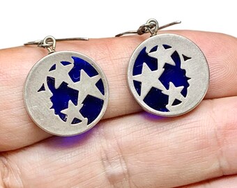 Vintage Sterling Silver Moon and Star Earrings with Cobalt Glass #LA