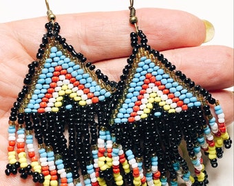 Vintage Beaded Fringe Earrings, Hand Made, 4”  #LA