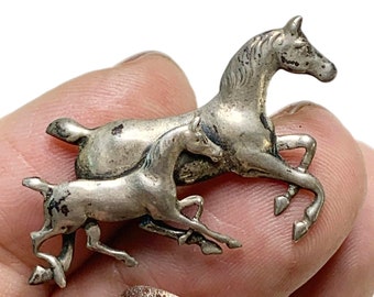 1950s Sterling Silver Running Horses Brooch, 1 1/2”, #eb