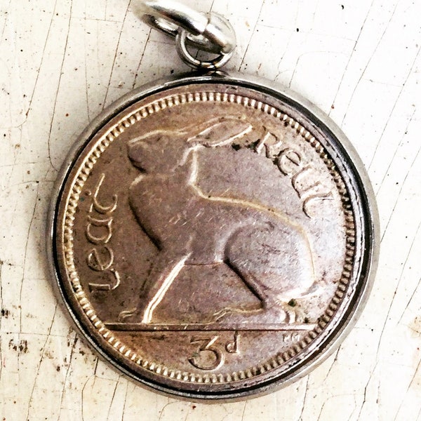 Lucky Bunny Rabbit Coin Pendant Vintage 1960s Animal Hare Charm Ireland