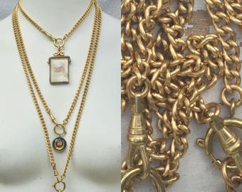 Chunky Curb Chain Charm Holder Necklace in Gold tones. Pocket Watch Chain Lanyard. Choose Length.