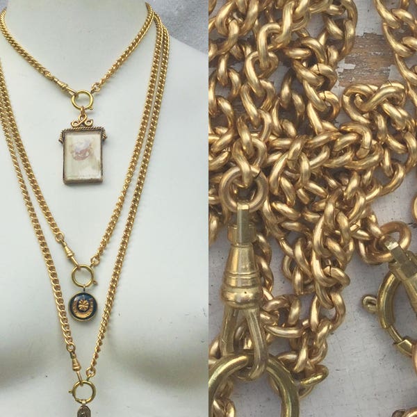 Chunky Curb Chain Charm Holder Necklace in Gold tones. Pocket Watch Chain Lanyard. Choose Length.