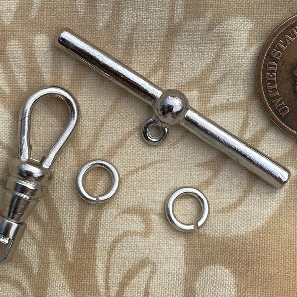 One Set of Pocket Watch Chain End Clasps. Silver tone Swivel Clip/ Toggle Bar w Jump RIngs