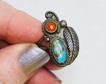 Old Pawn Squash Blossom Ring, Sterling Silver, Turquoise + Coral, Sz 4 1/4, eb83