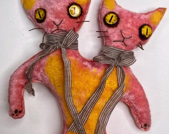 Siamese Twins Velvet Plush Art Doll, Cats, Hand-Stitched Oddity Collectible, OOAK, Ren 7 Smith