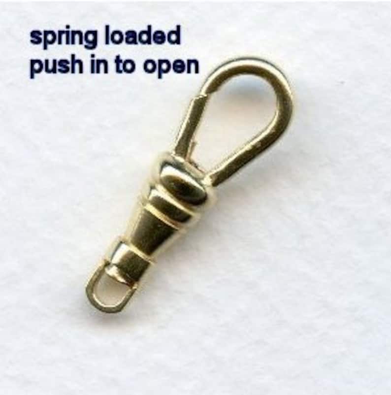 May include: Gold-toned spring-loaded clasp with a small loop on one end and a larger loop on the other. The text "spring loaded push in to open" is written above the clasp.