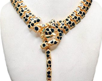 Vintage Enamel + Gold tone Leopard Necklace with Movable Tail
