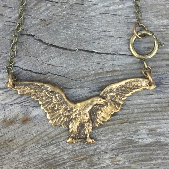 Sale Eagle Wings Necklace Statement Necklace Vintage 70s Biker Chick Old Gold Brass Ox Bird In Flight K41