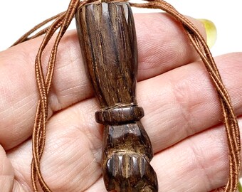 Vintage Carved Wood Figa, Pendant Necklace, Adjustable 26”